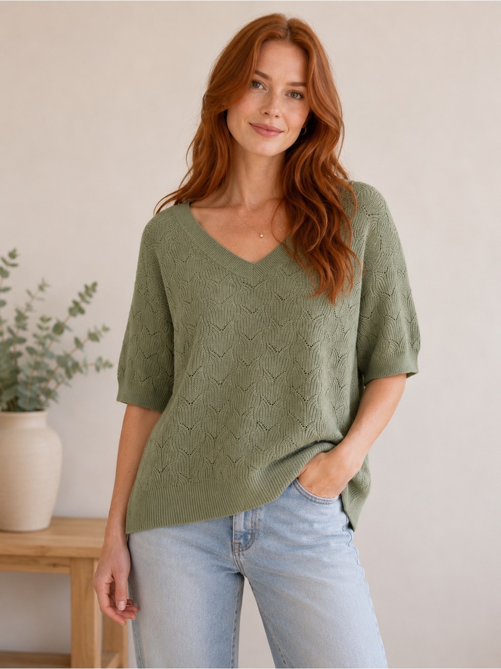Reitmans Sage Green Pointelle Knit Sweater XL, 100% Cotton